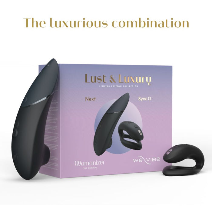 Black womanizer and We-Vibe device with 'Lust & Luxury' packaging on a white background