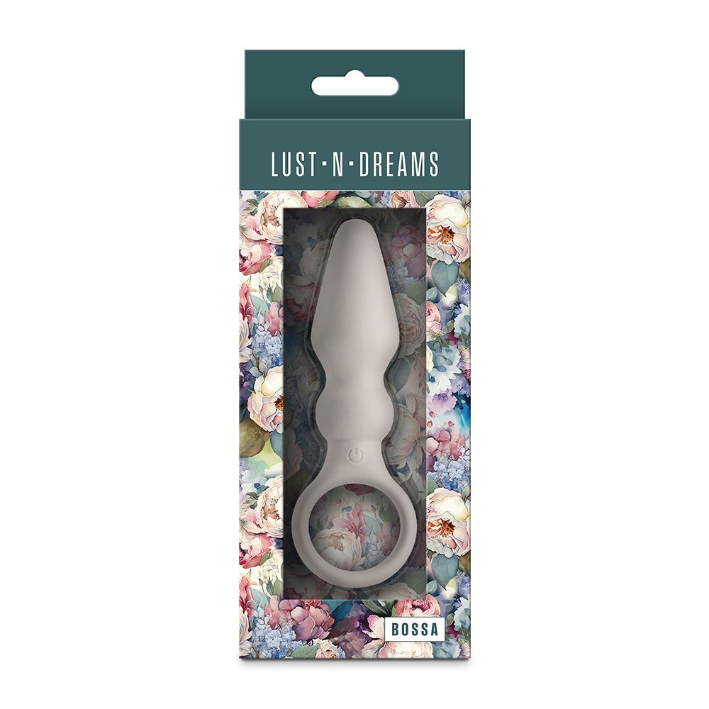 Product packaging with 'Lust N Dreams' bossa anal plug on a floral background
