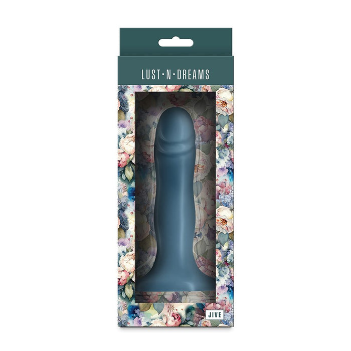 Blue dildo in packaging with 'Lust N Dreams' branding on a floral background
