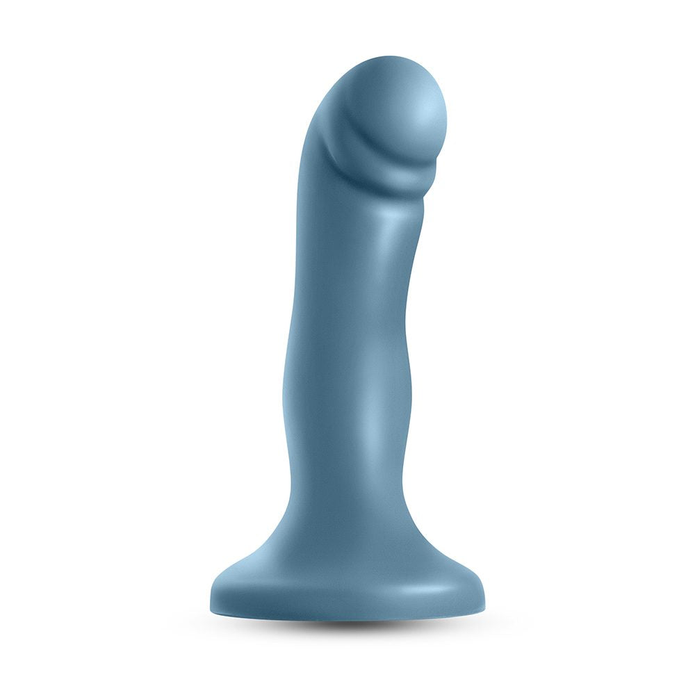 Blue silicone dildo on a white background