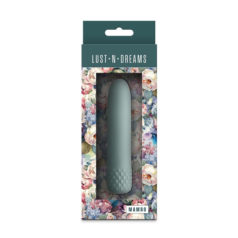 Product packaging with 'Lust N Dreams' mambo vibrator on a floral background
