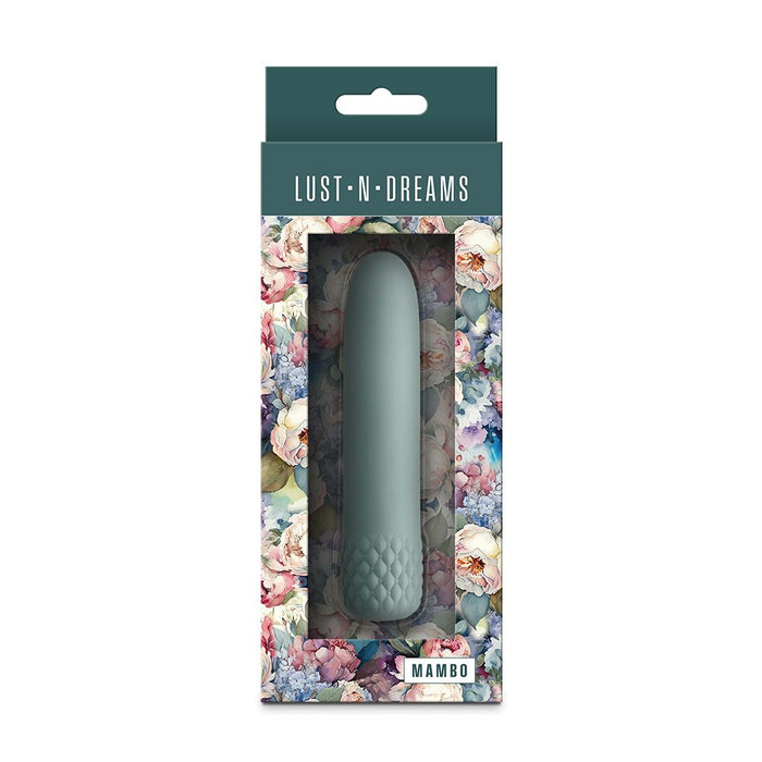 Product packaging with 'Lust N Dreams' mambo vibrator on a floral background