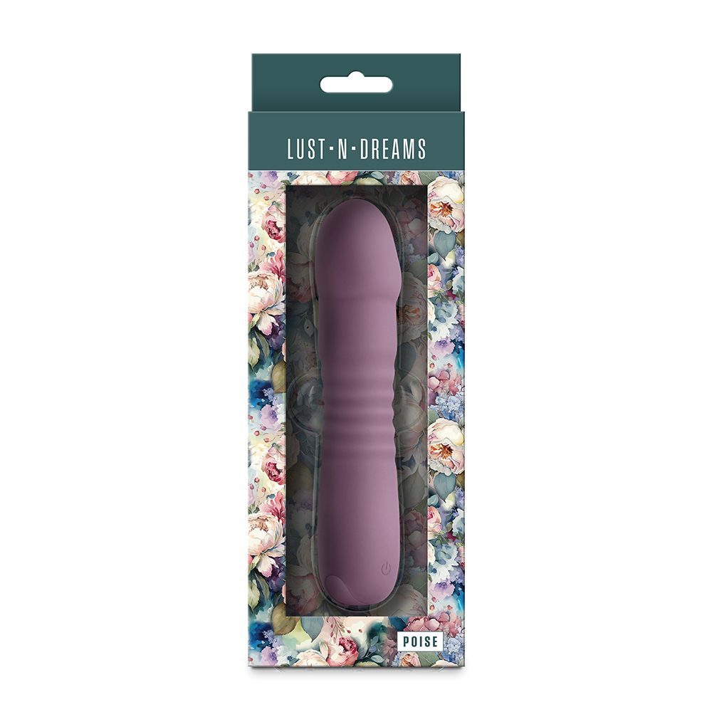 Purple poise thrusting vibrator in floral packaging with 'Lust N Dreams' branding on a white background