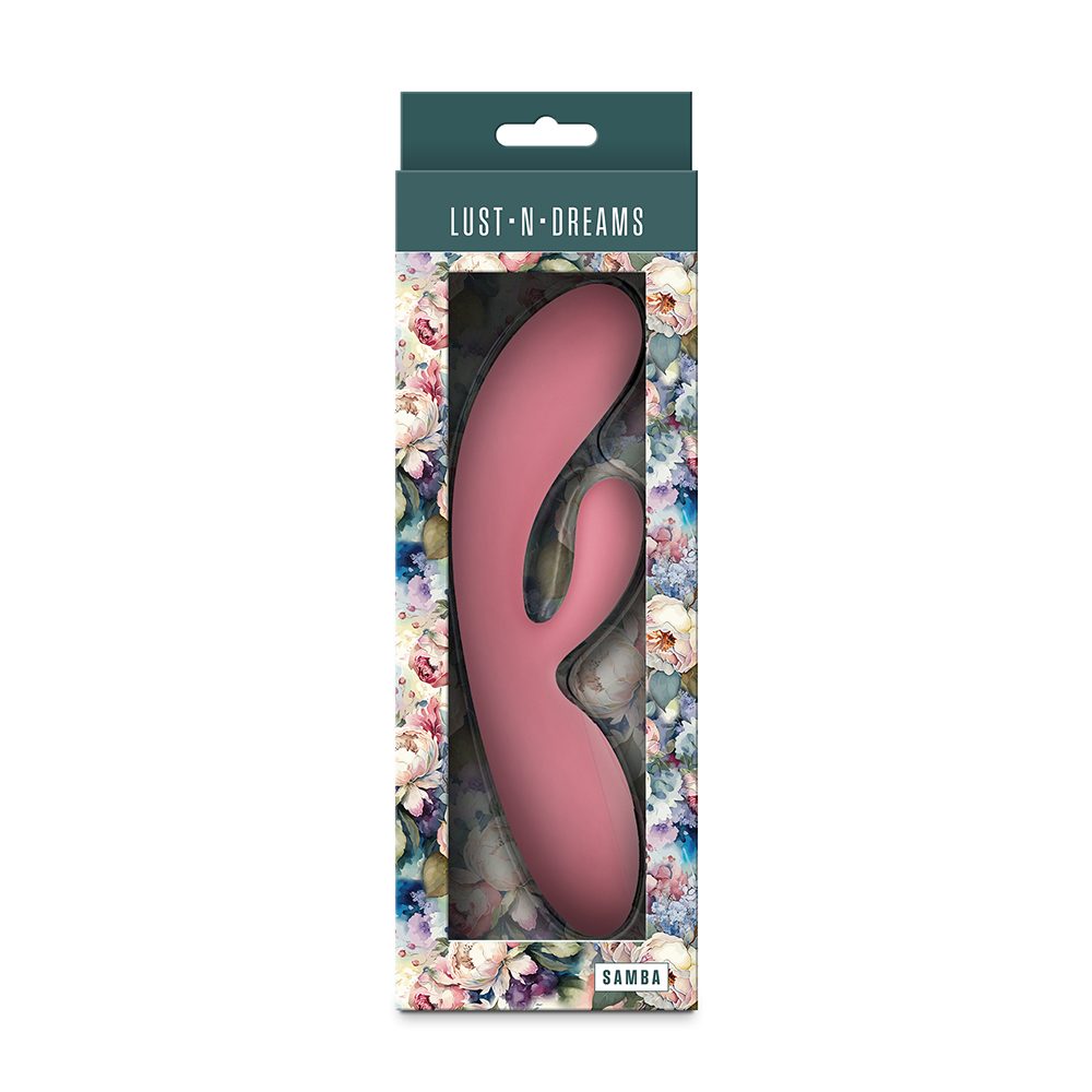 Pink samba vibrator in floral-patterned packaging with 'Lust N Dreams' branding.