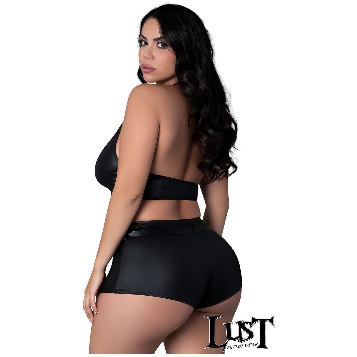 plus size female wearing - Glossy four-way stretch wet look top with adjustable buckles over the plunging front, decorative strappy elastics over soft cups and a halter tie-neck collar
- Sleek mini shirt with a wide waistband, in black, back view