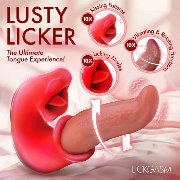 Advertisement for 'Lusty Licker' with detailed features on a pink background.