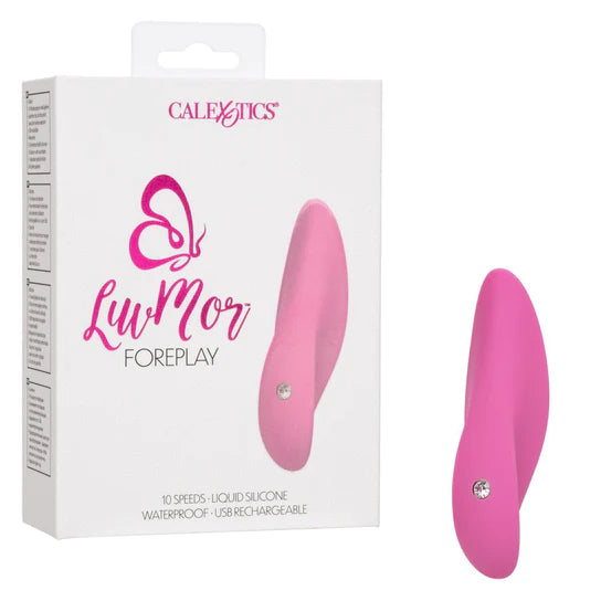 a pink vibrator that fits between two fingers and has a diamond function button. It is shown next to its white display box
