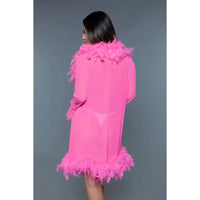 feather and mesh chemise with feather trim on wrists and whole outfit in pink back view