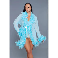 feather and mesh chemise with feather trim on wrists and whole outfit in blue