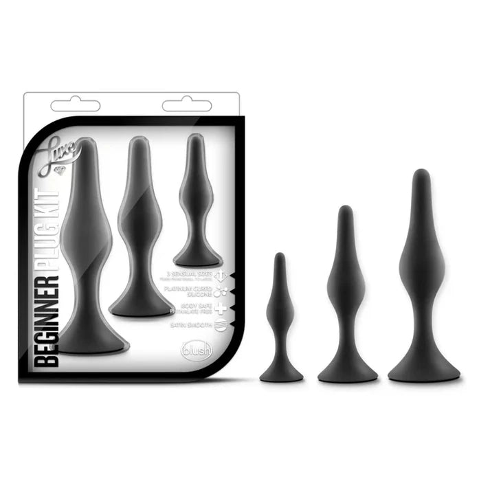 anal plug kit, small to large sizes. sleep middle with tapered out head in black 