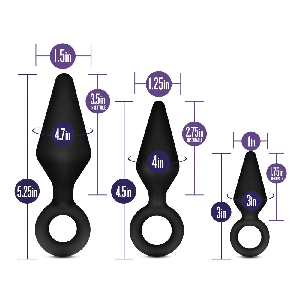 3 black anal plugs with finger ring holders size chart