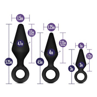 3 black anal plugs with finger ring holders size chart