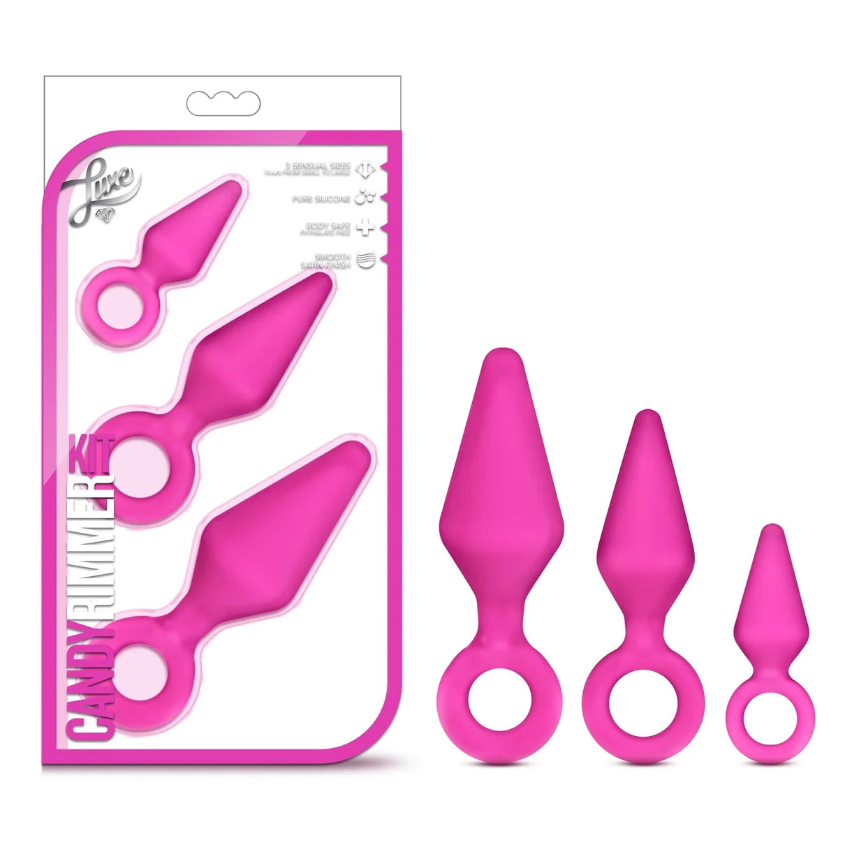 3 pink anal plugs with finger ring holders beside box packaging