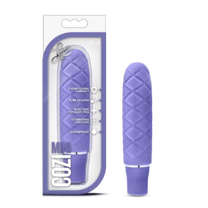 pillow top design mini vibrator in purple, beside box packaging