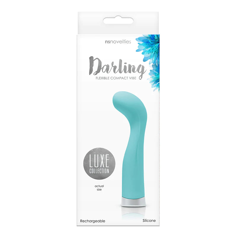 a white display box showing a light blue g spot vibrator with a curved head