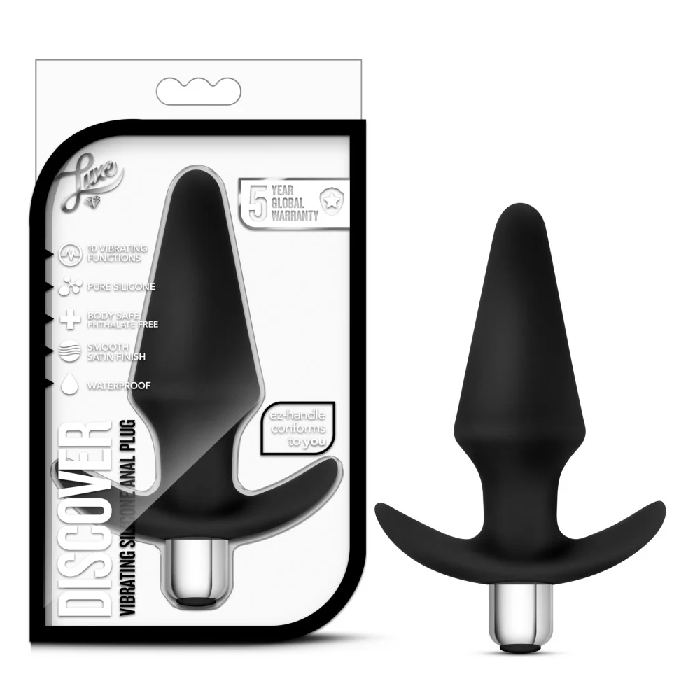 Black silicone anal plug with packaging on a white background