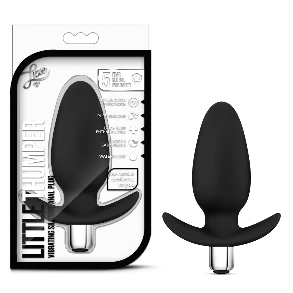 Black silicone anal plug with packaging on a white background