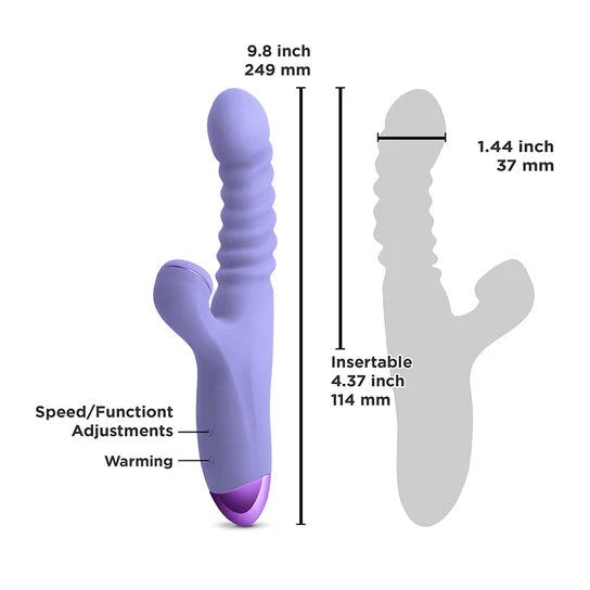 purple ribbed vibrator with clit sucker function & size diagram