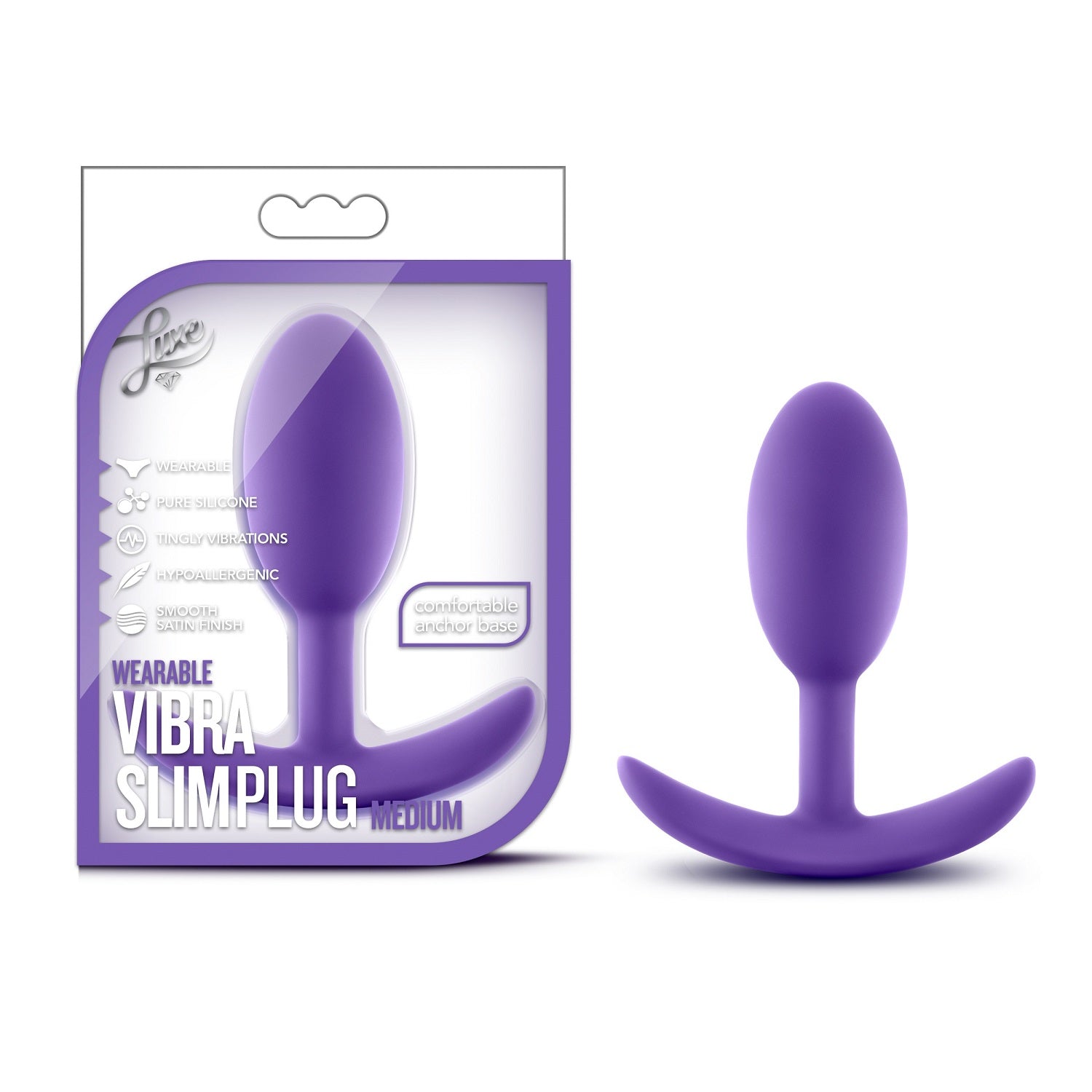 Purple wearable vibra slimplug with packaging on a white background