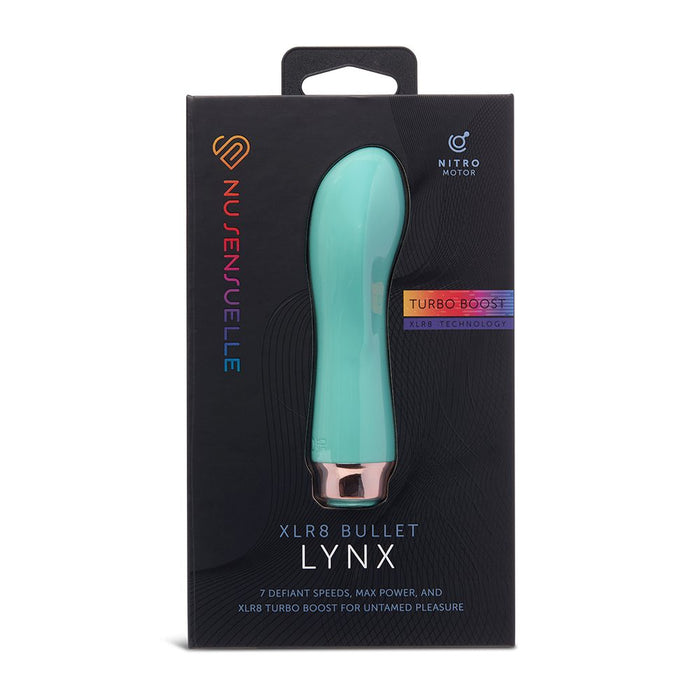 Teal bullet  product in packaging with branding on a white background