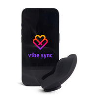 Black phone case with 'vibe sync' logo panty vibe on a white background