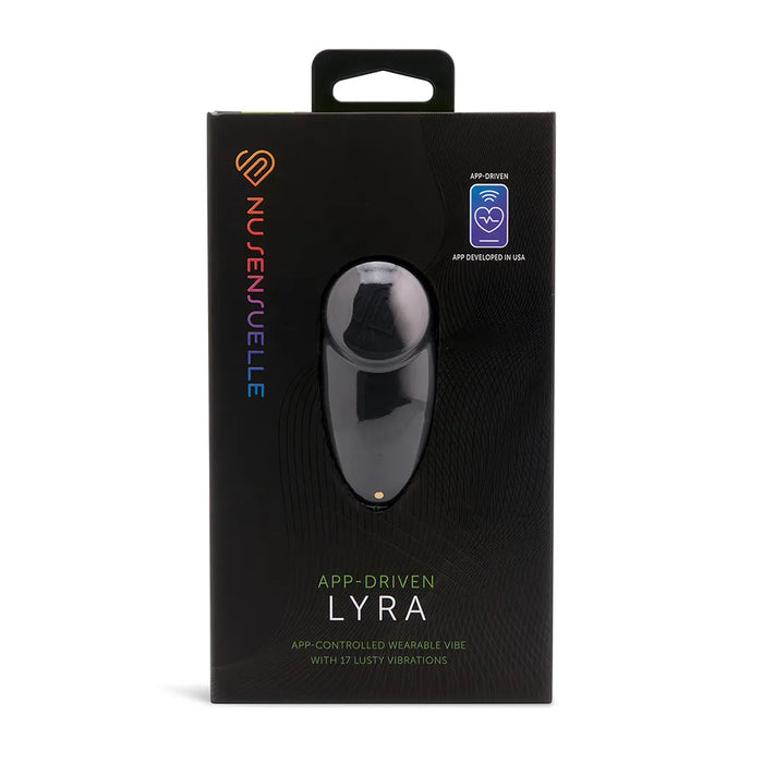 Black packaging of Nusenjuelle Lyra app-driven wearable device on a white background