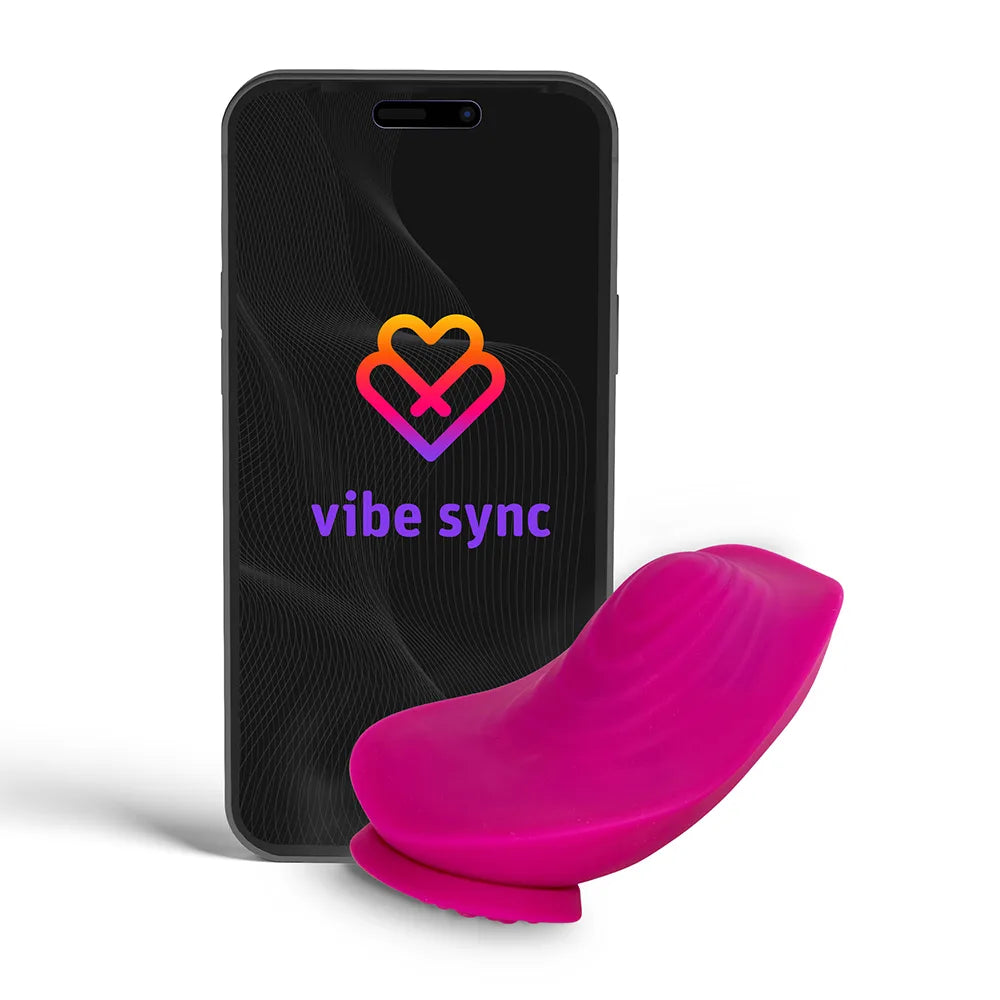 Smartphone with 'vibe sync' app icon and a pink silicone panty vibe on a white background