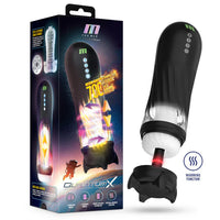 black case masturbator with white inner sleeve, with warming function beside box packaging. 700 strokes per minute
