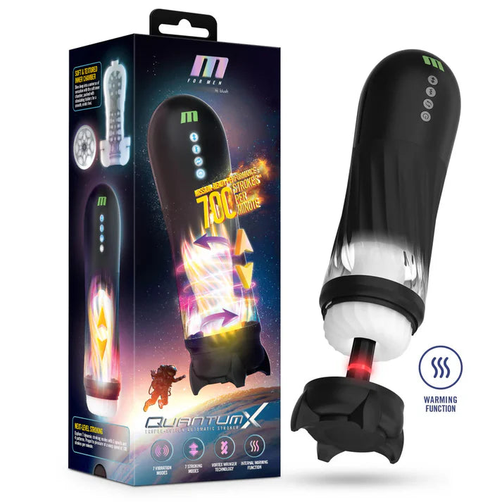 black case masturbator with white inner sleeve, with warming function beside box packaging. 700 strokes per minute