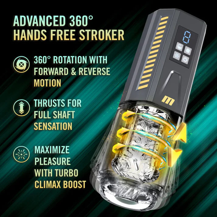 Advanced 360-degree hands-free stroker with digital display on a dark background