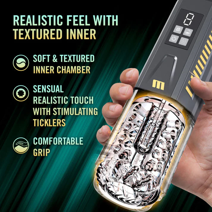 Spin Master Pro masturbator  with text highlighting features on a dark background