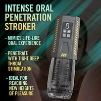 Intense oral penetration stroker with digital display and text describing its features.