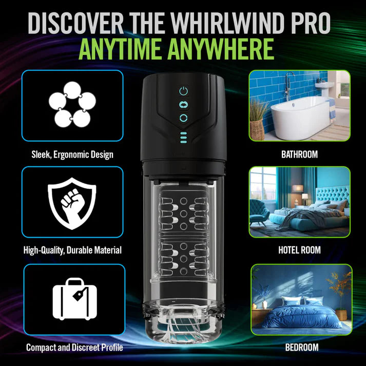 Product advertisement for Whirlwind Pro with features and usage scenarios.