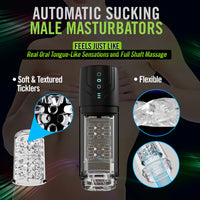 Automatic sucking male masturbator with features highlighted on a dark background