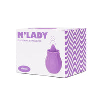 rose shaped clitoral vibrator with lickering tongue on top in purple on box packaging