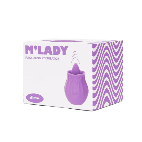 rose shaped clitoral vibrator with lickering tongue on top in purple on box packaging