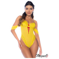 Woman wearing a yellow lace lingerie set with red accents on a white background, featuring the brand 'Mapale'.