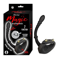 Black dual pleasure massager with packaging on a white background