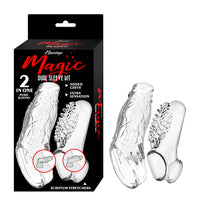 2 clear penis sleeves beside box packaging