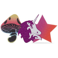 Colorful cutout shapes including a unicorn, butterfly, and star on a white background