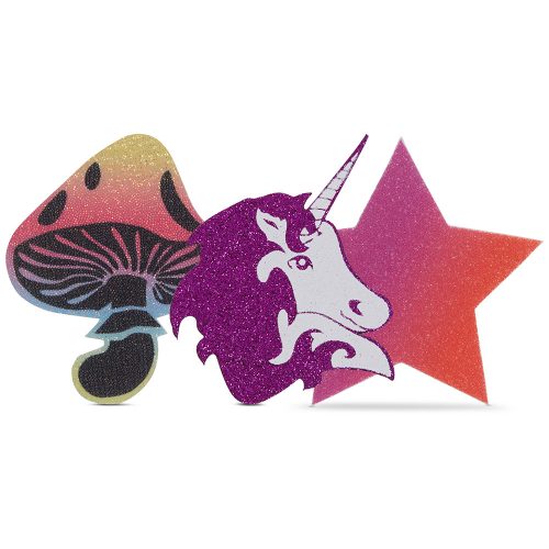 Colorful cutout shapes including a unicorn, butterfly, and star on a white background