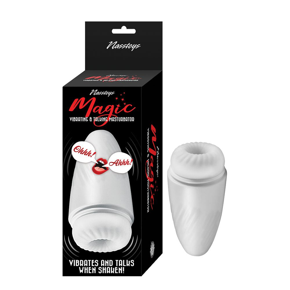 White silicone vibrating & talking masturbator with packaging labeled 'Nasstoys Magic' on a white background