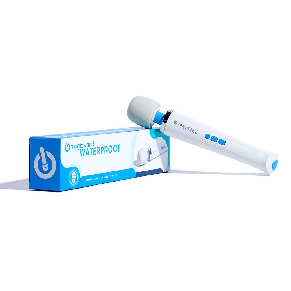 White handheld waterproof magic wand massager with blue accents next to its packaging on a white background