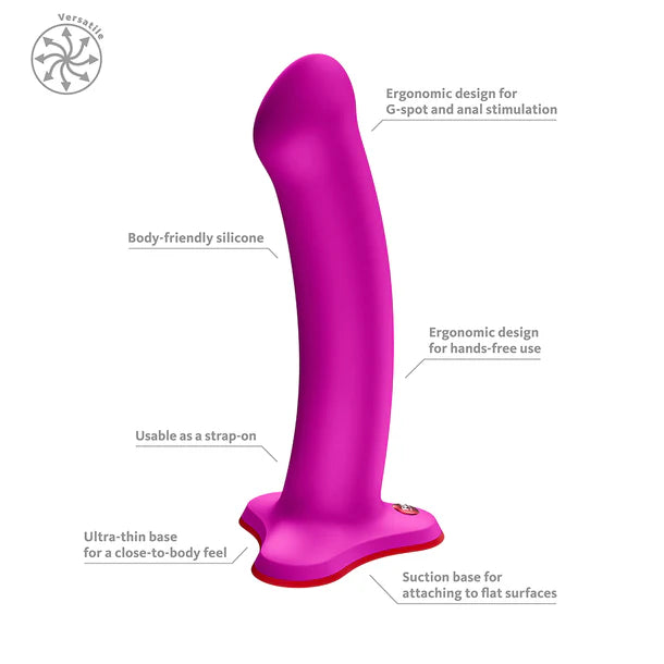 Purple gmagnum g spot dildo product with features labeled on a white background