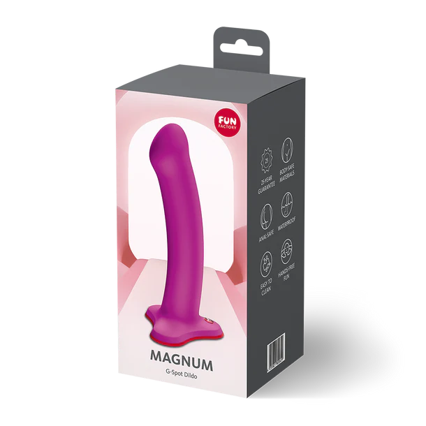 Purple G-Spot dildo in packaging with 'FUN FACTORY' branding on a white background