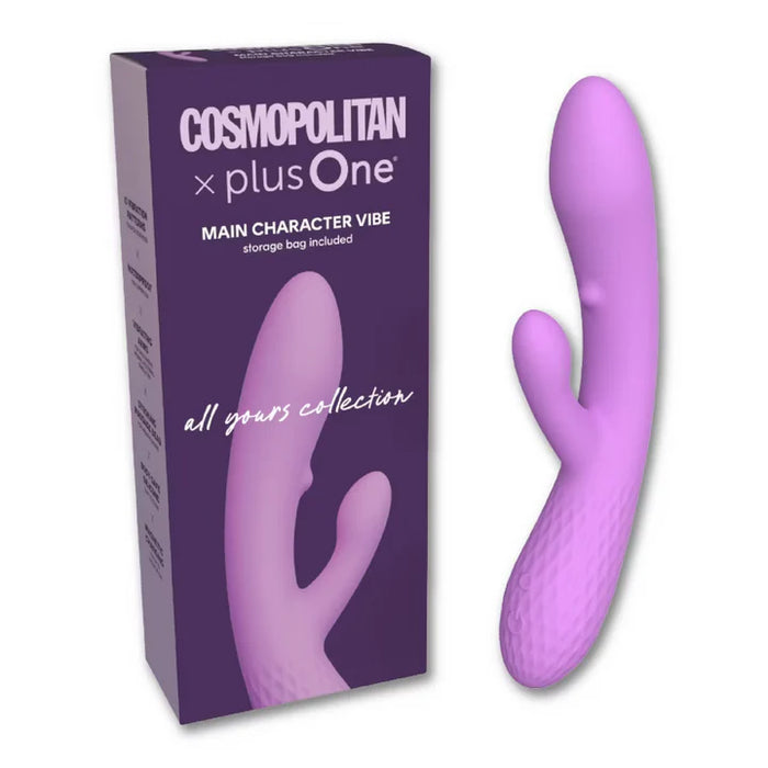 curved purple vibrator with numb for clitoral stimulation, beside purple box, on a white back ground