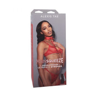 adult star alexis tae wearing a red collar bikini, on box packaging for molded vagina masturbator