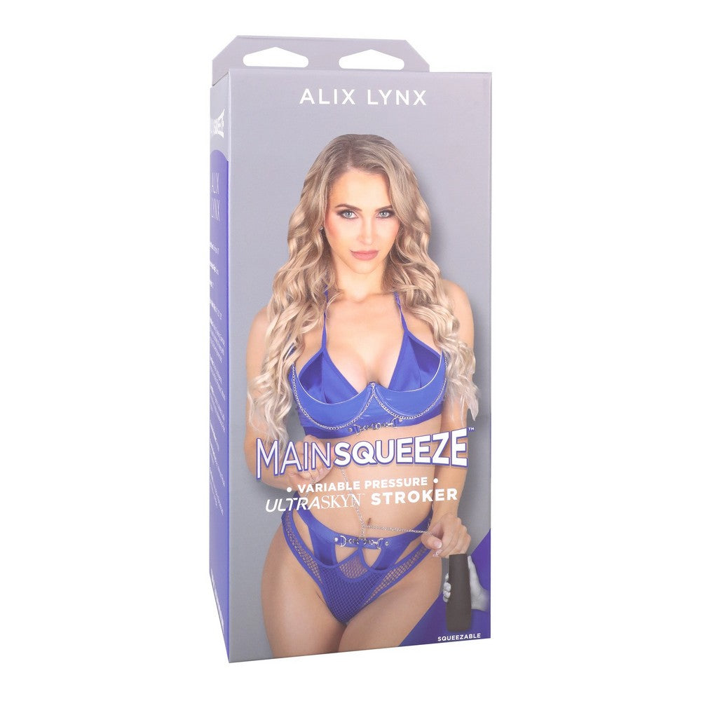 adult star alix lynx wearing blue bikini set, on box packaging