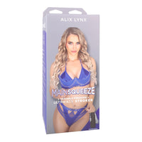 adult star alix lynx wearing blue bikini set, on box packaging