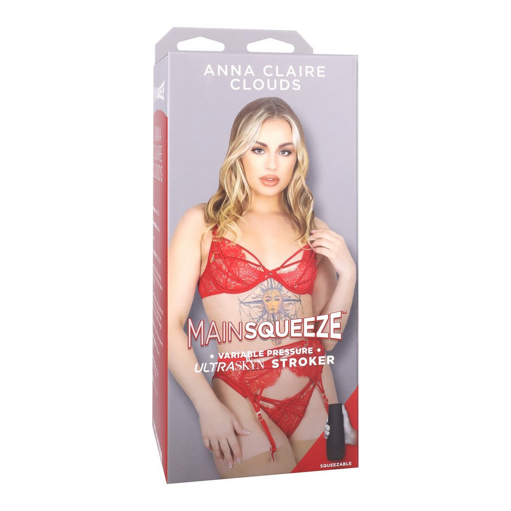 adult star anna claire clouds wearing red ra, panty and garter set on box packaging